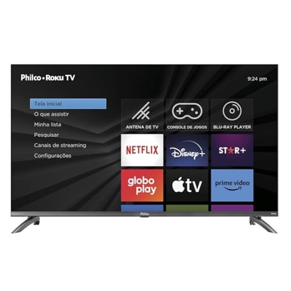 Smart TV Philco 40" Roku TV com Dolby Audio exibindo qualidade de imagem e som
