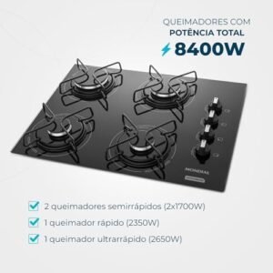 Cooktop a Gás, 4 Bocas, Mondial, Preto/Inox, Bivolt – CTG-01