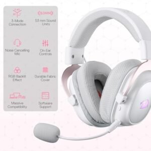 Headset Gamer Redragon Zeus Pro Branco Sem Frio, Bluetooth, Sorround 7.1, Microfone Removível – Branco e Rose Gold