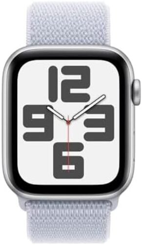Apple Watch SE GPS • Caixa prateada de alumínio – 44 mm • Pulseira loop esportiva nuvem azul