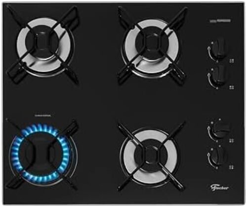 FISCHER COOKTOP À GÁS 4 BOCAS FIT LINE TREMPE ARAMADO MESA VIDRO PRETO BIVOLT 36350-102675