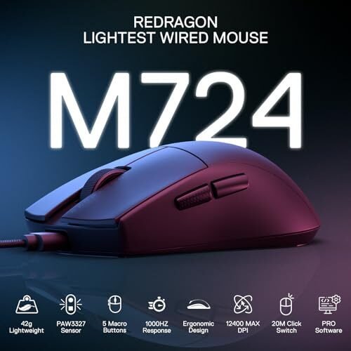 Mouse Gamer Redragon K1ng 1K Preto PAW3327 Cabo USB Tipo-C Removível 12400 DPI M724