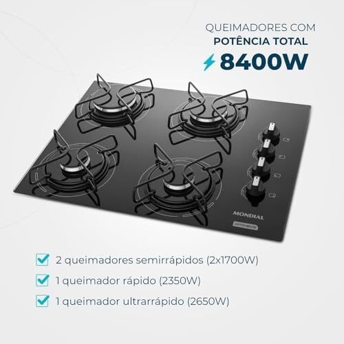Cooktop a Gás, 4 Bocas, Mondial, Preto/Inox, Bivolt – CTG-01