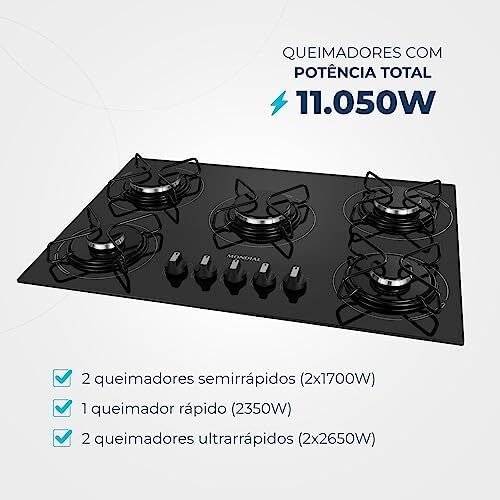 Cooktop a Gás, 5 Bocas, Mondial, Preto/Inox, Bivolt – CTG-02