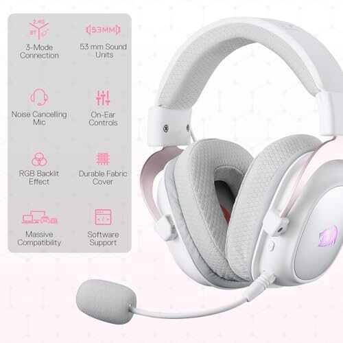 Headset Gamer Redragon Zeus Pro Branco Sem Frio, Bluetooth, Sorround 7.1, Microfone Removível – Branco e Rose Gold